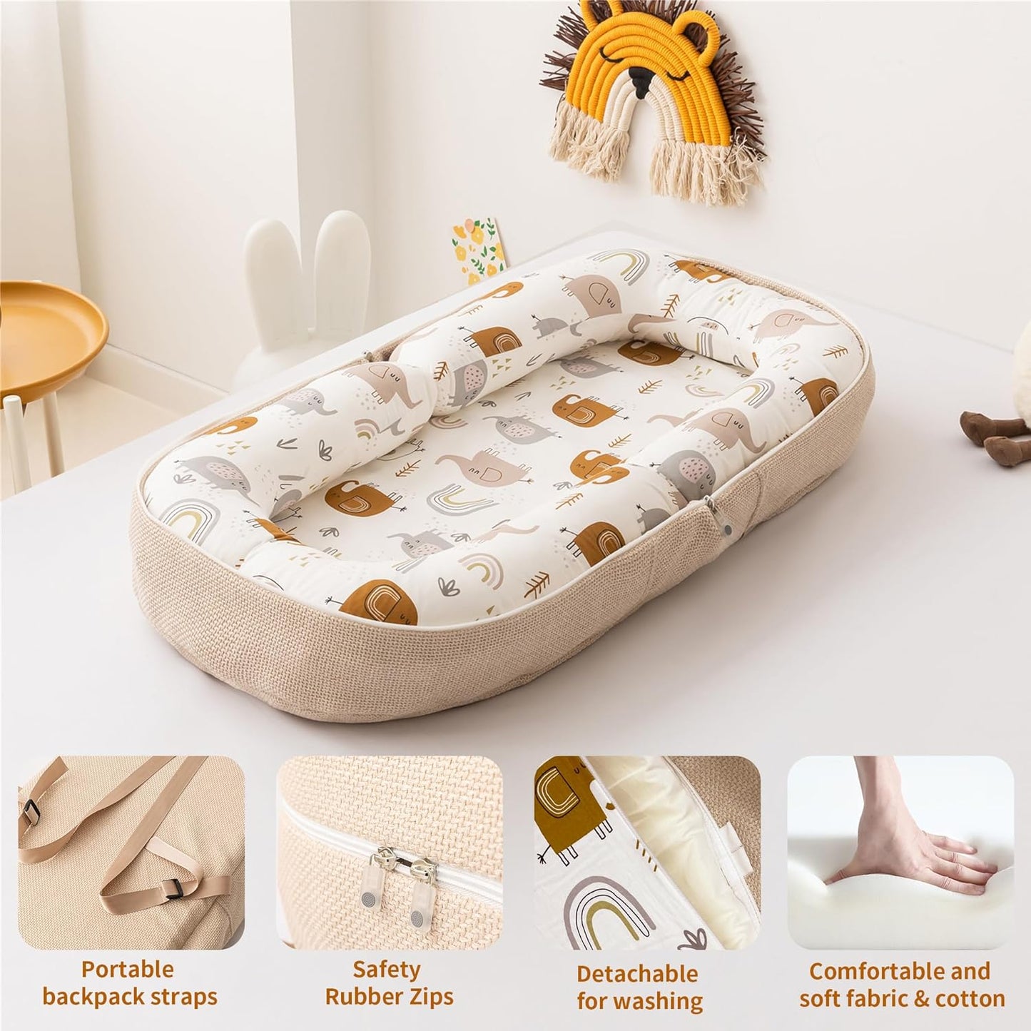 Infant Lounger and Travel Pillow with Memory Foam, Versatile Foldable Design, Adorable Pattern Cover, Ideal for 0-12 Months, White