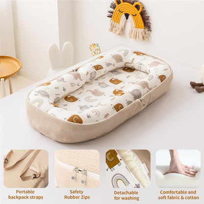 Infant Lounger and Travel Pillow with Memory Foam, Versatile Foldable Design, Adorable Pattern Cover, Ideal for 0-12 Months, White