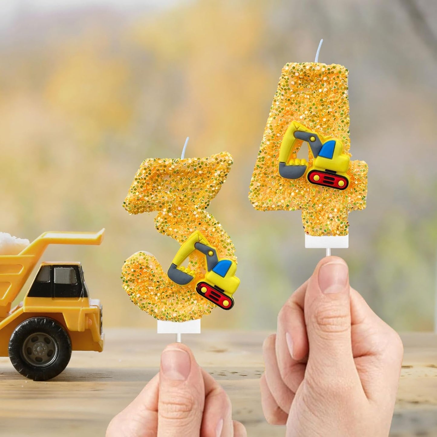 Construction Birthday Candles for Cake Decoration Yellow Glitter Number 2 Candle Construction Cake Topper Construction Themed Cupcake Topper Birthday Party Decorations Supplies Favors