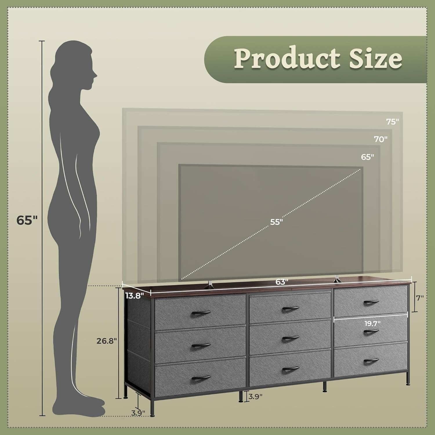 63-Inch Bedroom Dresser with 9 Drawers, Versatile Entertainment Center for 55-70 Inch TVs, Walnut and Dark Grey Finish