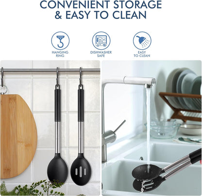 446°F Heat Resistant Large Silicone Cooking Spoon, BPA Free Solid Slotted Spoons, Nonstick Kitchen Cookware Utensils, Mixing, Serving, Stiring Large Spoons, Black