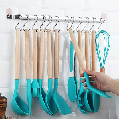 38-Piece Silicone Kitchen Utensils Set with Non-Stick Cookware, Wooden Handles, Multi-Use Hooks, and Utensil Racks (Blue)