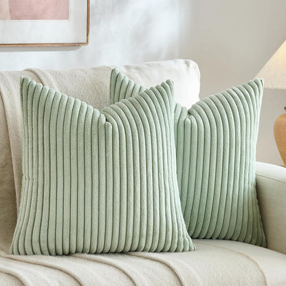 Set of 2 Sage Green Boho Decorative Throw Pillow Covers 16X16 Inch for Bedroom Couch Bed, Soft Fuzzy Cozy Striped Corduroy Cushion Case, Bohemian Home Decor, Men Women Teen Girls Gift
