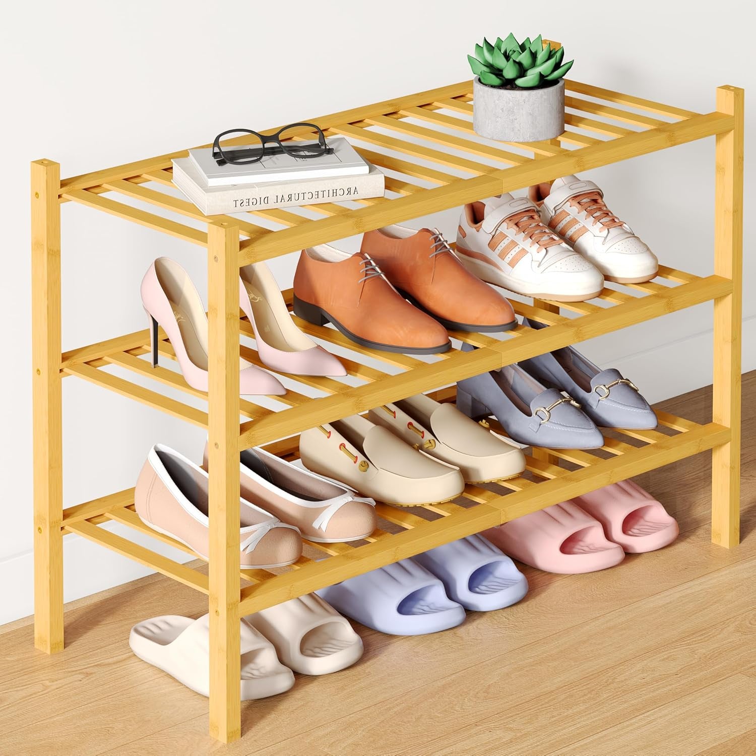 Bamboo 3-Tier Shoe Rack - Stackable Wooden Organizer for Entryway and Closet Storage, Natural Finish