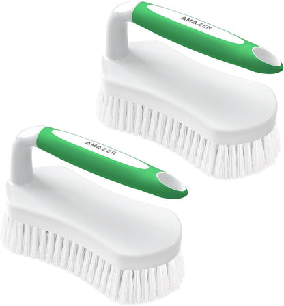 Scrub Brush for Cleaning Comfort Grip Shower Scrubber Stiff Bristles with Handle Heavy Duty Cleaner Brush for Tub Sink Carpet Floor - Pack of 2 (Green+Green)