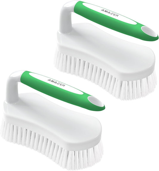 Scrub Brush for Cleaning Comfort Grip Shower Scrubber Stiff Bristles with Handle Heavy Duty Cleaner Brush for Tub Sink Carpet Floor - Pack of 2 (Green+Green)