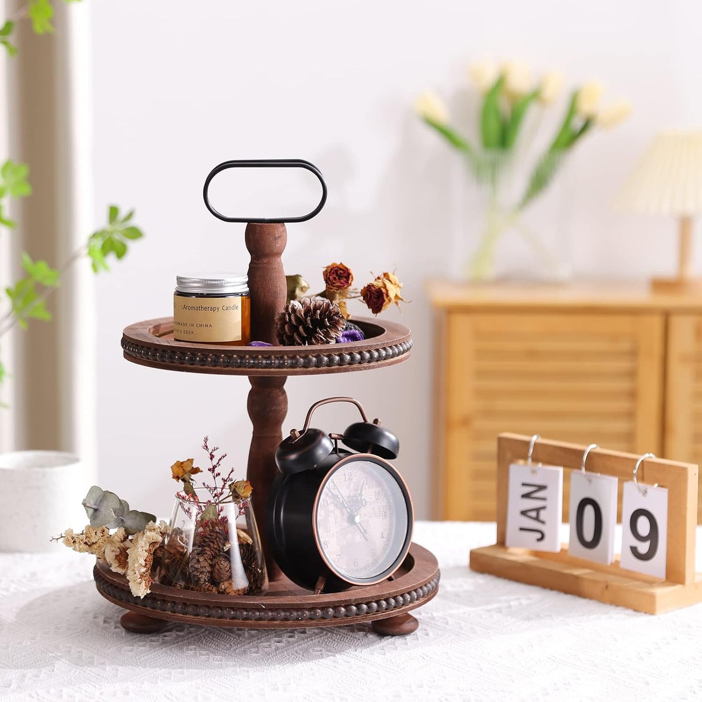Wooden Decorative Tray Two Tiered Tray Decorations round Serving Tray with Metal Handle, Wooden Cupcake Stand for Party Tiered Dessert Stand - Dark Brown Farmhouse Wood Tray