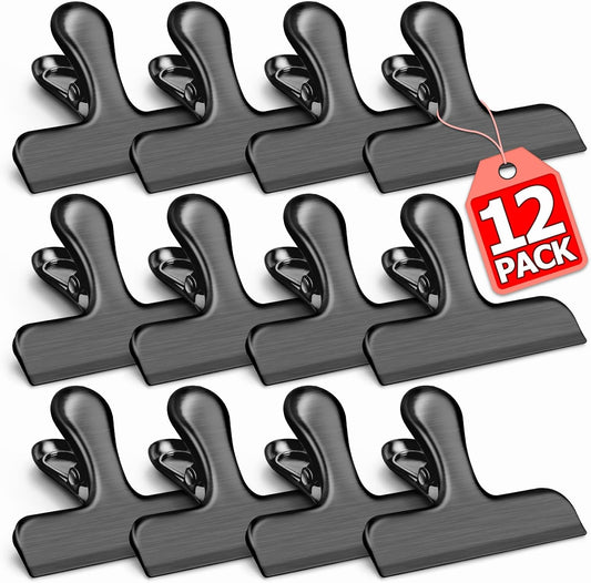 12-Pack Heavy-Duty Stainless Steel Bag Clips for Food Storage, 3-Inch Air-Tight Seal Clips for Kitchen and Office Use, Black