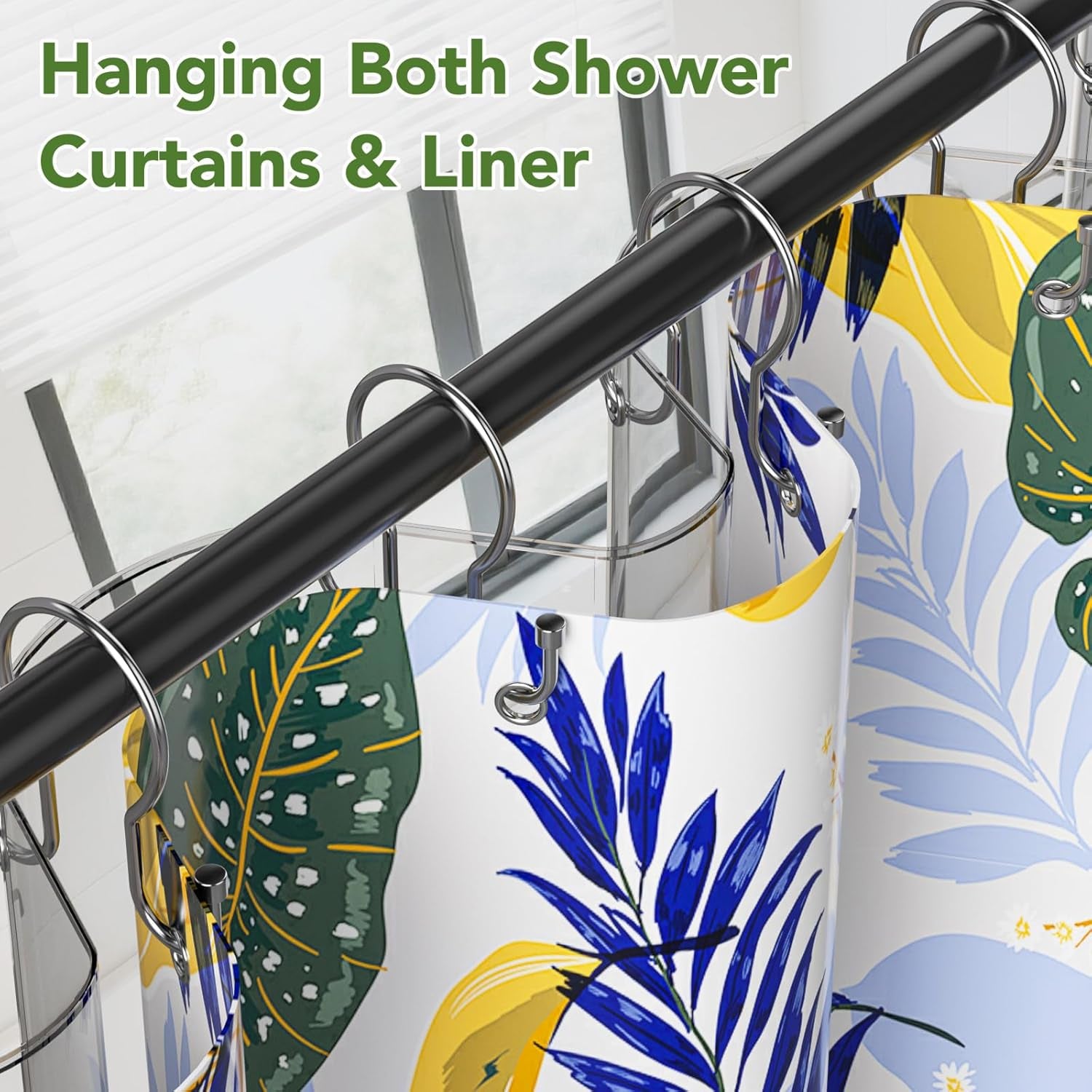 Shower Curtain Hooks, Black Shower Curtain Rings, Sturdy Simple Double Hook Shower Curtain Hooks Rust Proof, Smooth Gliding Metal Shower Hooks for Shower Curtain Rod (Chrome, 12 Pack)