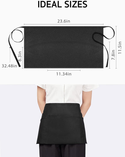 2 Pack Server Aprons with 3 Pockets, Waterdrop Resistant Waitress Waiter Waist Apron, 11.5-Inch Black