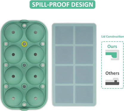 Silicone Ice Cube Tray with Lid, 3 Pack, 2 Large Ice Cube Molds, 1 Ice Ball Maker Mold 2Inch for Whiskey, Cocktail, Stackable and Easy Release, BPA Free, Freezer Dishwasher Safe, Mint Green