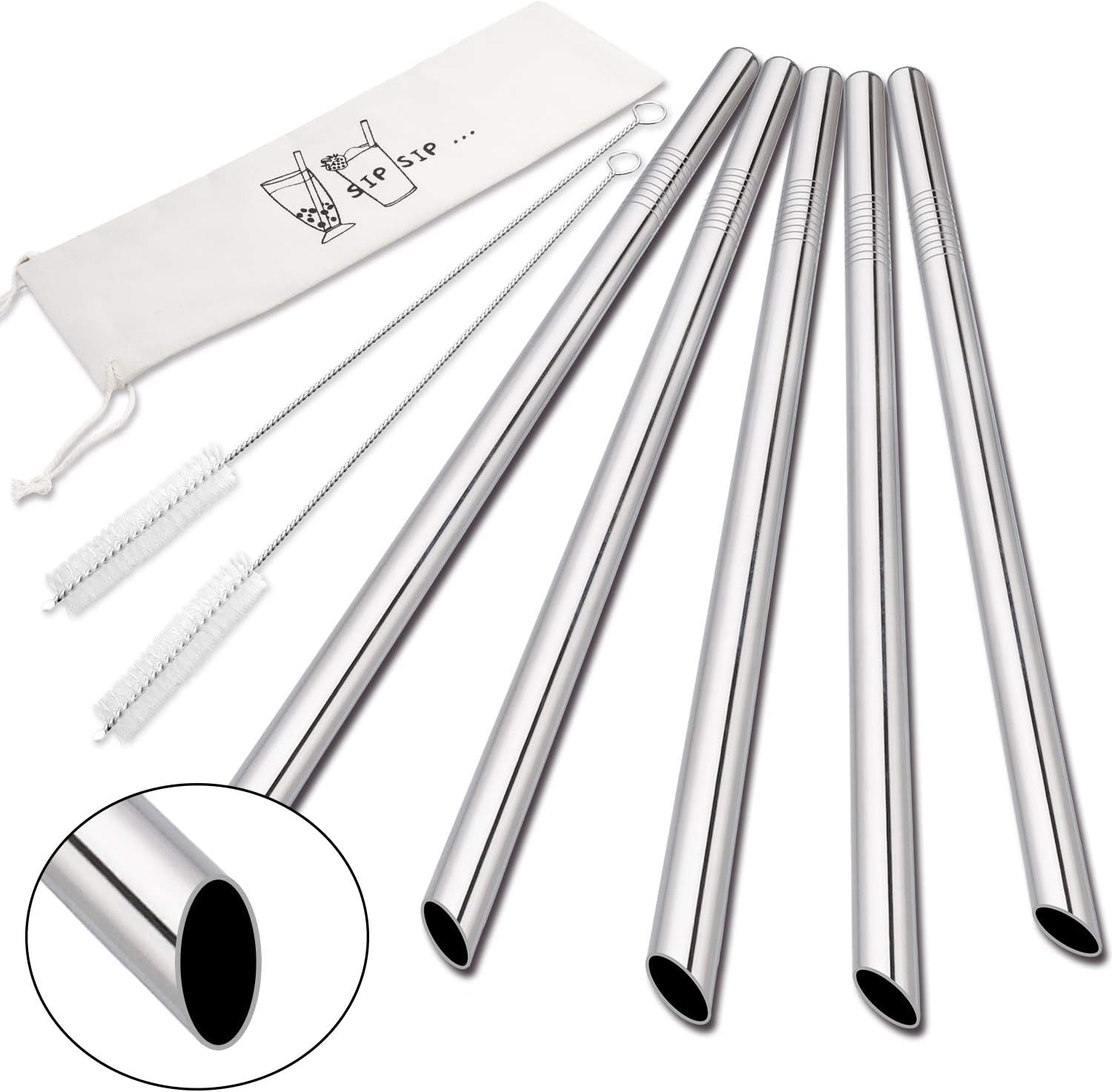 5 Pcs 10" Reusable Bubble Tea & Smoothie Straws, Stainless Steel, Angled Tips, 0.5" Wide, Cleaning Brushes