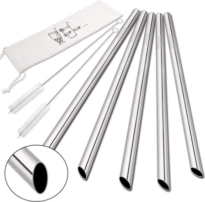 5 Pcs 10" Reusable Bubble Tea & Smoothie Straws, Stainless Steel, Angled Tips, 0.5" Wide, Cleaning Brushes