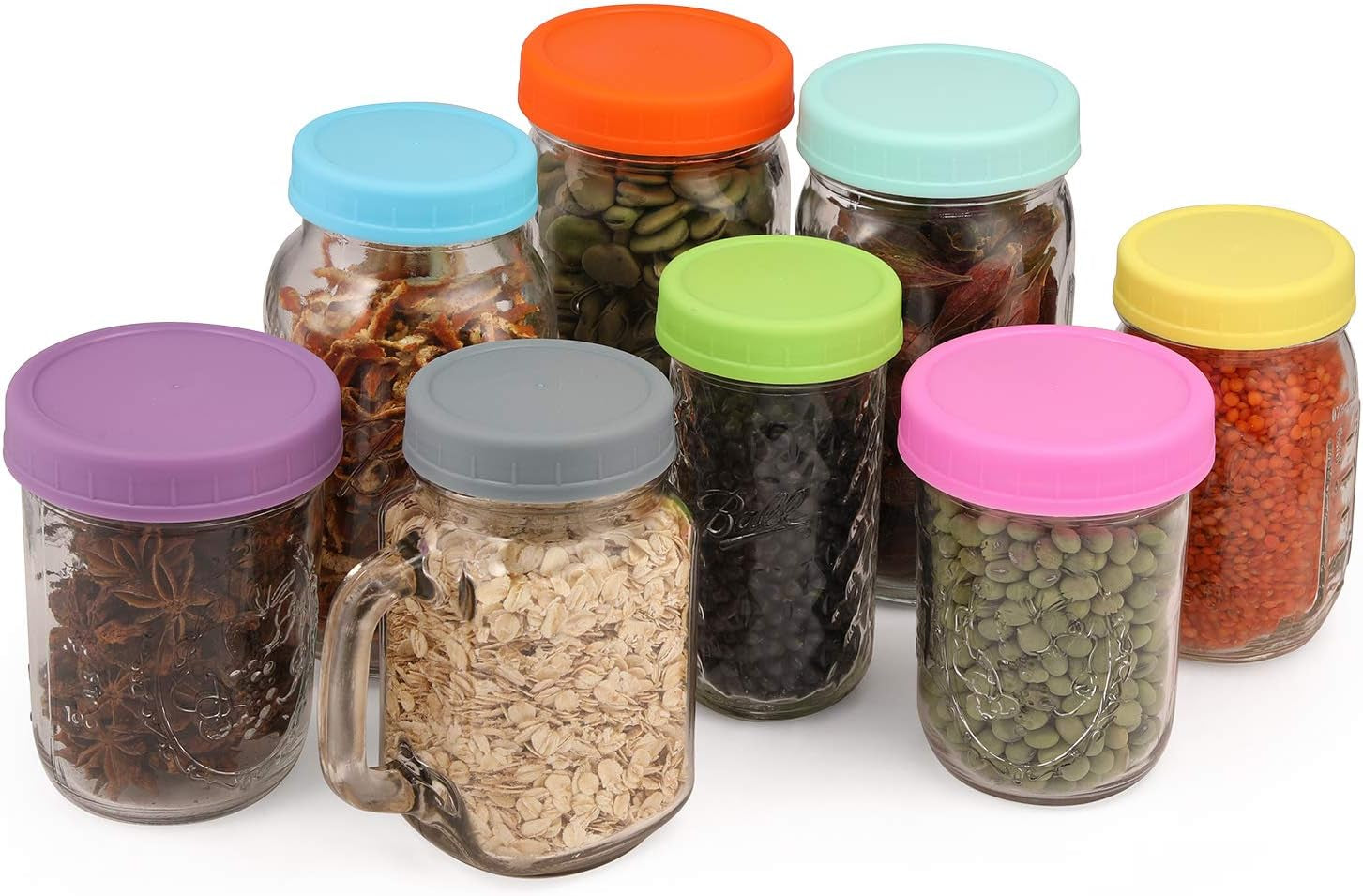 [16 Pack] Colored Plastic Mason Jar Lids Fits Ball, Kerr & More - 8 Wide Mouth & 8 Regular Mouth - Storage Caps for Canning Jars, Dishwasher Safe & Food Grade & Leakproof