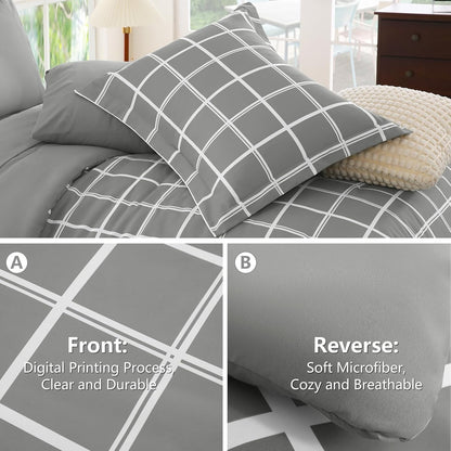 Queen Comforter Set with Sheets - 7 Pieces Plaid Bed in a Bag Set Grey, Soft Queen Bedding Sets Bed Set with All Season Quilted Comforter, Flat Sheet, Fitted Sheet, Pillowcases & Pillow Shams