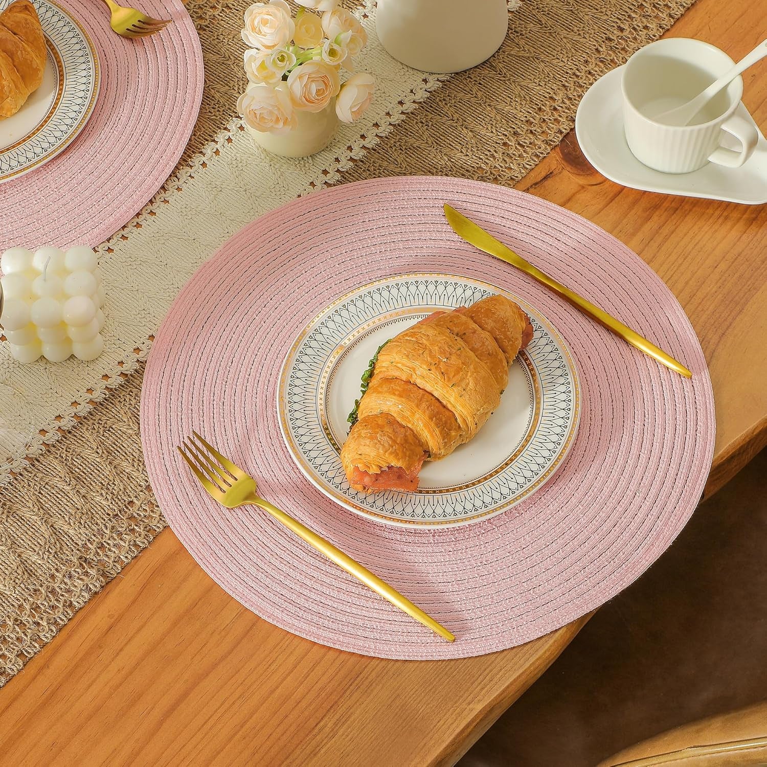 round Placemats Heat and Slip Resistant Cotton Table Mats, Washable Bohemian Placemats for Dining Tables (Pink, Set of 4)