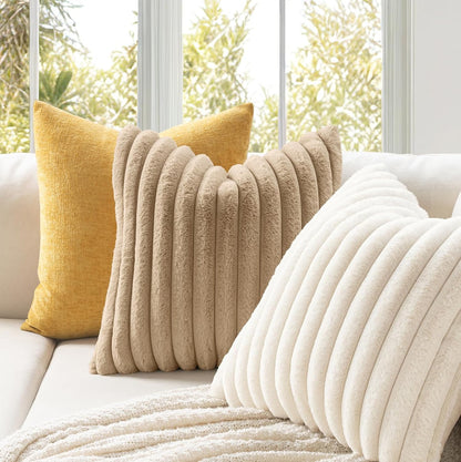 Faux Fur Decorative Throw Pillow Covers, 18x18 Inch Set of 2, Modern Plush Couch Cushions for Spring Home Décor in Beige