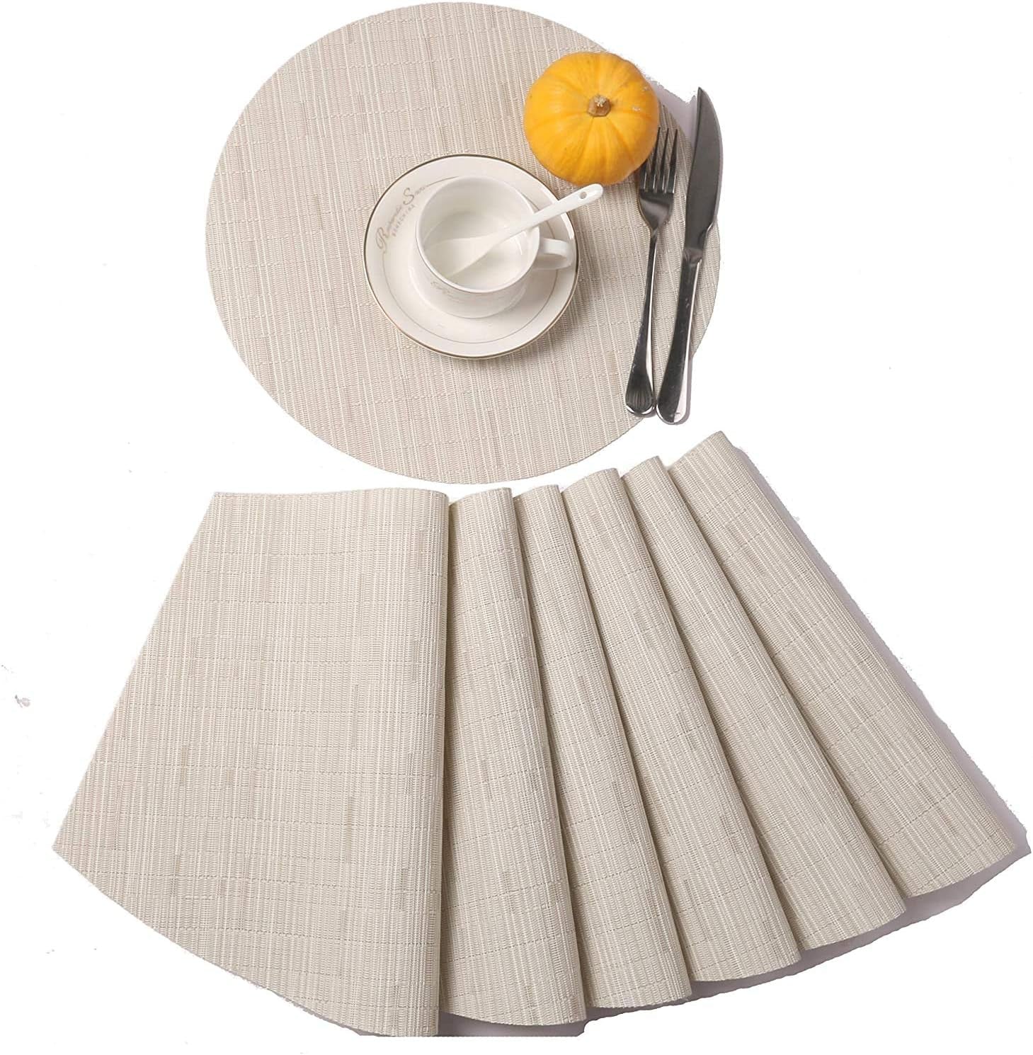 Small round Table Placemats Set of 5 Wedge Shaped Place Mat with Centerpiece round Mat Heat Resistant Table Mats Washable (5, Beige)