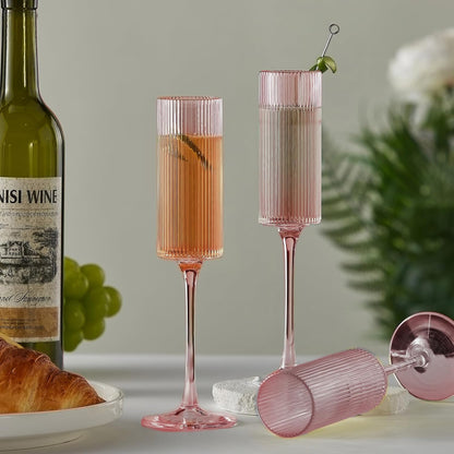 16 Pack Plastic Champagne Flutes, 5.5 Oz Unbreakable Goblet Glasses Reusable Champagne Toasting Cups - Modern & Elegant for Wedding Party Anniversary Christmas Birthday (5.5Oz-Ribbed-Pink-16Pack)