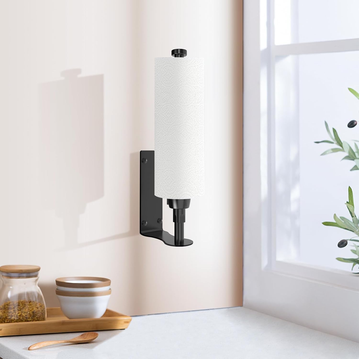 Paper Towel Holder, Single Hand Operable Paper Towel Holder under Cabinet with Adjustable Damper, Easy Tear, Wall Mount, Self-Adhesive or Drilled for Kitchen Bathroom, Black