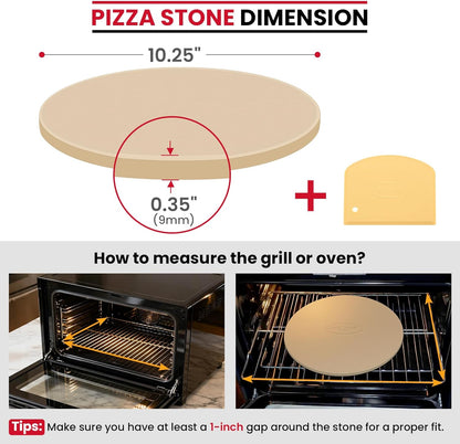 Small Pizza Stone 10.25 Inch for Oven and Grill, round Baking Stone, Thermal Shock Resistant Cordierite Oven Pan with Plastic Dough Scraper, Ideal for Cooking Pizza, Bread