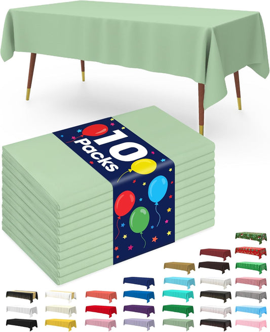 Plastic Table Cloth Disposable 10 Pack, 52 X 70 Inch Table Cloths, Easter Party, Decorative Tablecloths, Rectangle, Light, Pastel Plastic Cover, Waterproof & Sturdy, Sage Green