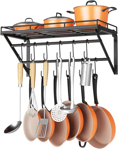 23 Inch Wall Mounted Pot Rack Storage Shelf with 2 Tier Hanging Rails 12 S Hooks Included, Ideal for Pans, Utensils, Cookware, Plant Black