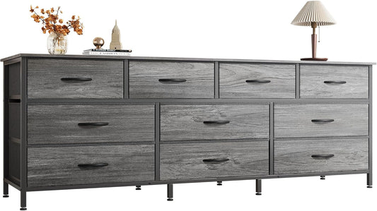 63-Inch Bedroom Dresser with 10 Fabric Drawers, Versatile TV Stand for 55 to 70 Inch TVs, Grey Toy Storage Organizer for Closets