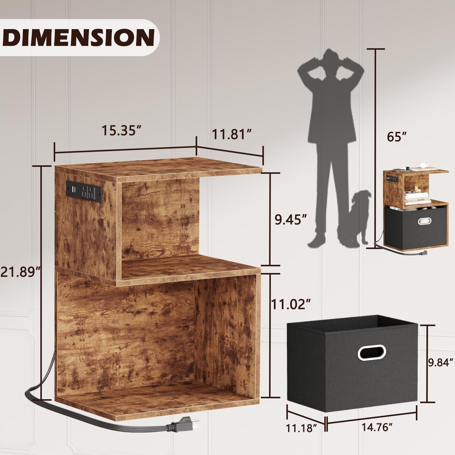 Nightstand with Charging Station and Drawer, 3 Tier End Table with Open Shelf, Wood S Shaped Bedside Table with Storage for Living Room/Bedroom/Small Space, Rustic Brown