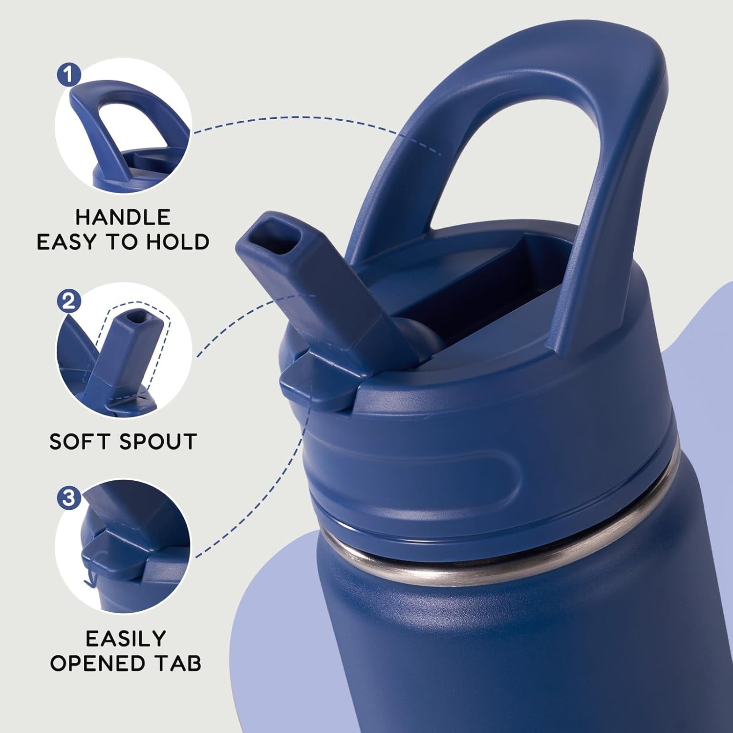 12Oz Kids Water Bottle for School, Toddler Bottles with Straws, Stainless Steel Vacuum Insulated Water Bottle for Boys&Girls, Leak-Proof, Bpa-Free, Blue Black