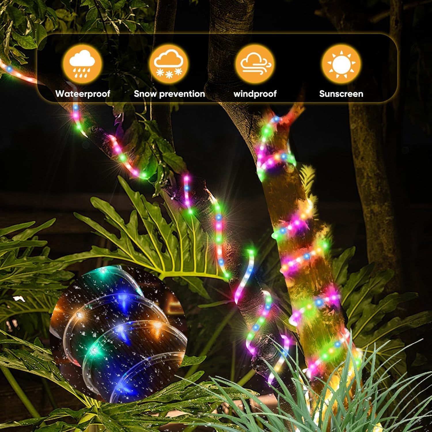 Solar String Lights with PVC Tube, 1 Pack, 33 Ft, 100 LED, Multi Color, 8 Modes, Durability, Waterproof, for Outdoor Use, Ideal for Garden, Patio, Yard, Wedding