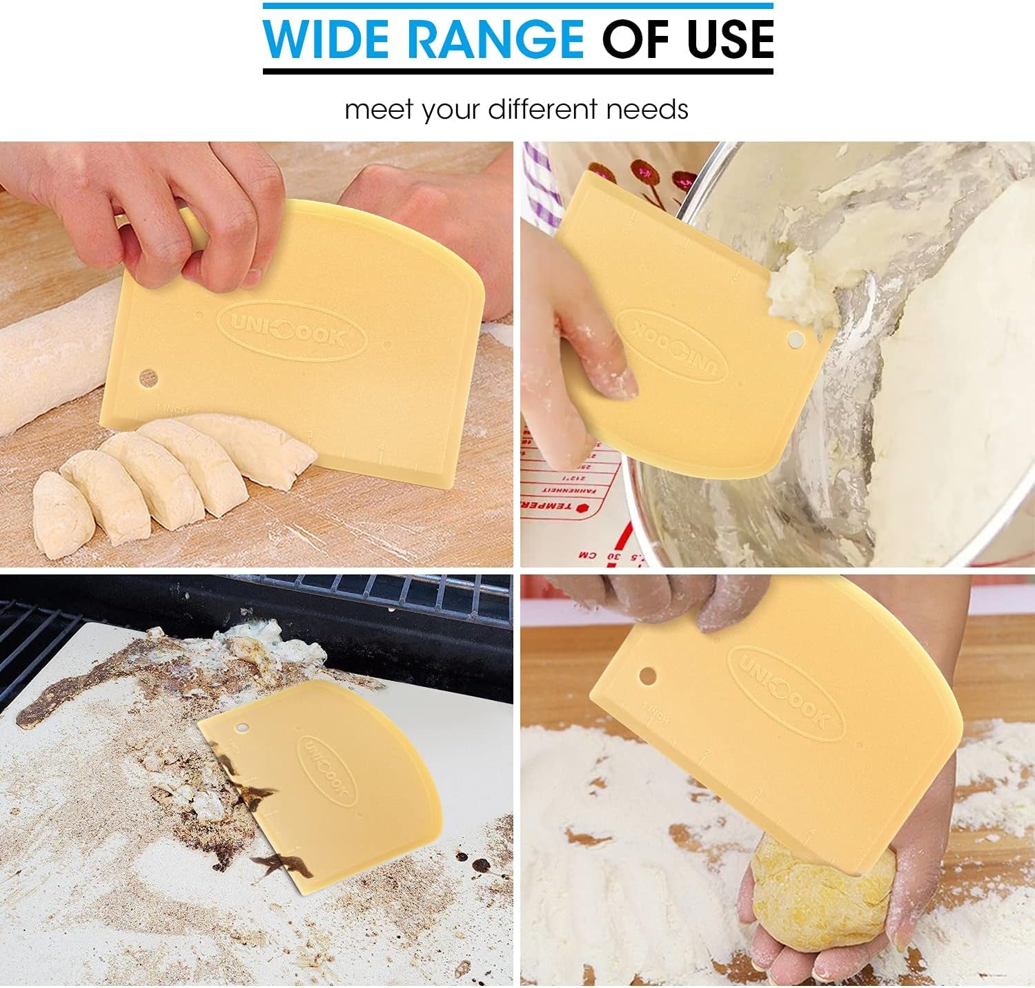 Dough Scraper, Flexible Bowl Scraper, Pastry Cutter with Measuring Scale, Nonslip Pizza Chopper, Multipurpose Baking Tool for Pizza/Dough/Cake, Easy to Clean, 2 Pack