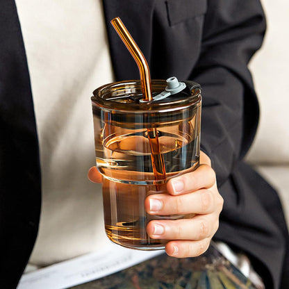 13Oz/400Ml Tumbler Water Glass, Cups with Straw and Lid Sealed Carry on for Coffee, Iced Tea, Thick Wall Insulated Glass Cup (Amber)…
