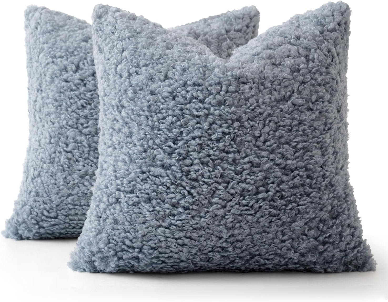 Pack of 2 Dusty Blue Faux Fur Throw Pillow Covers 18X18 Inch Boucle Decorative Sherpa Pillow Covers Fuzzy Accent Soft Sheepskin Fleece for Boho Home Decor Sofa Living Room Couch Bed