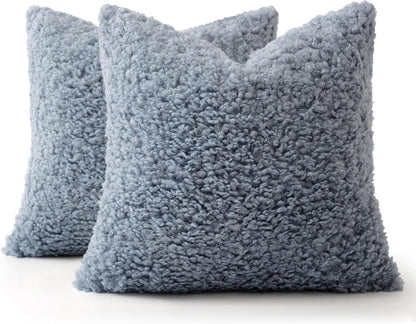 Pack of 2 Dusty Blue Faux Fur Throw Pillow Covers 18X18 Inch Boucle Decorative Sherpa Pillow Covers Fuzzy Accent Soft Sheepskin Fleece for Boho Home Decor Sofa Living Room Couch Bed