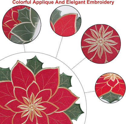Christmas Placemats Set of 4, Red Embroidered Applique Poinsettia Table Mats,4 Pieces 15 Inch round Placemat for Xmas Holiday Home Decorations (Textured, 15 Inches)’