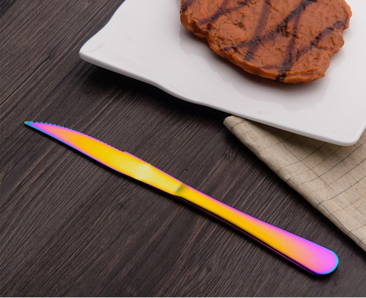 Multicolor Titanium-Plated Stainless Steel Steak Knives - Heavy-Duty Set for Chefs, Ideal for BBQs, Weddings, Dinners, and Home Use - Pack of 6