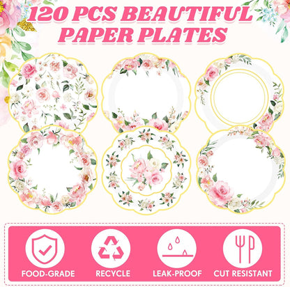 120-Piece Summer Pink Floral Paper Plates, 7-Inch Disposable Tableware for Birthday, Wedding, Baby Shower, Tea Party, and Bridal Shower Decorations