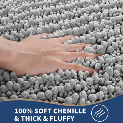 Bathroom Rugs Sets 2 Piece - Luxury Chenille Shaggy Bath Mat, Super Absorbent & Non Slip & Quick Dry, Soft Thick Bathroom Carpet for Tub Shower Floor, Machine Washable, 32X20+24X17 Inch, Grey