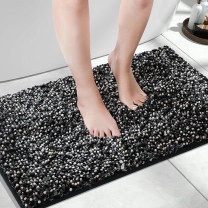 Bath Mats for Bathroom Non Slip, 28X17.5, Extra Soft Chenille Bathroom Rugs, Fluffy Plush Luxury Shower Mat Outside, Water Absorbent, Machine Washable, Black & Dark Gray