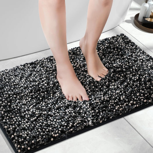 Bath Mats for Bathroom Non Slip, 28X17.5, Extra Soft Chenille Bathroom Rugs, Fluffy Plush Luxury Shower Mat Outside, Water Absorbent, Machine Washable, Black & Dark Gray