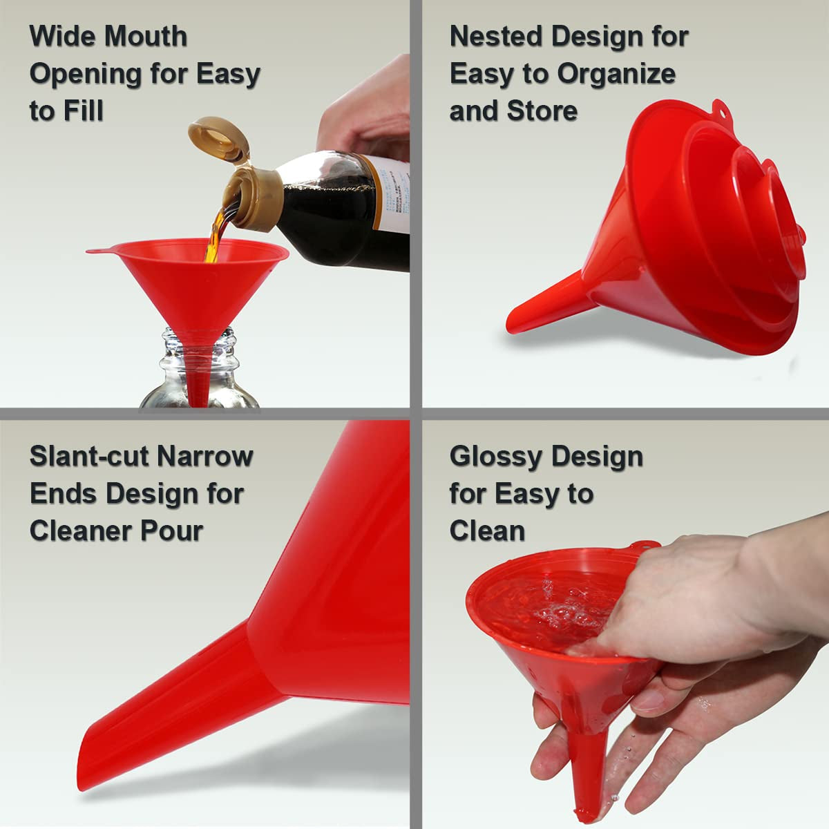 4-Piece Versatile Plastic Funnel Set for Kitchen and Automotive Use - Includes Mini, Small, Medium, and Large Funnels for Bottling, Canning, Cooking, Laboratory, and Oil Applications (Red)