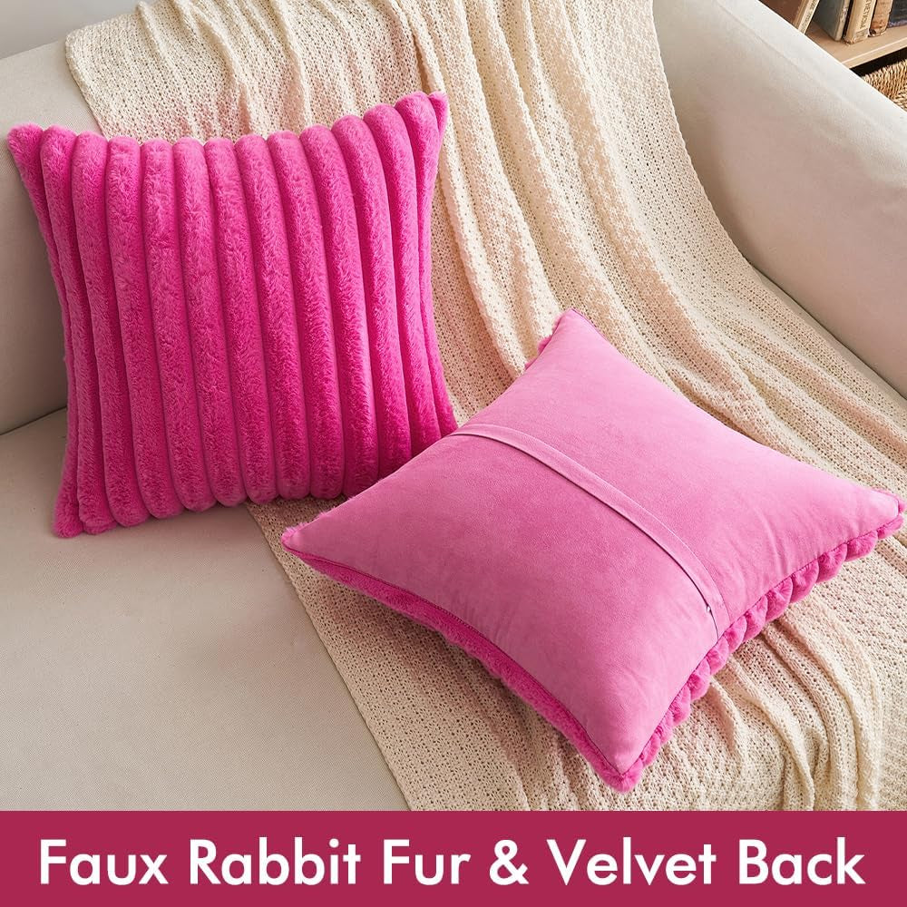 Faux Fur Plush Decorative Throw Pillow Covers Set of 2 Luxury Soft Fluffy Striped Pillowcases Cushion for Spring Sofa Couch Bed Living Room Hot Pink 18X18 Inch