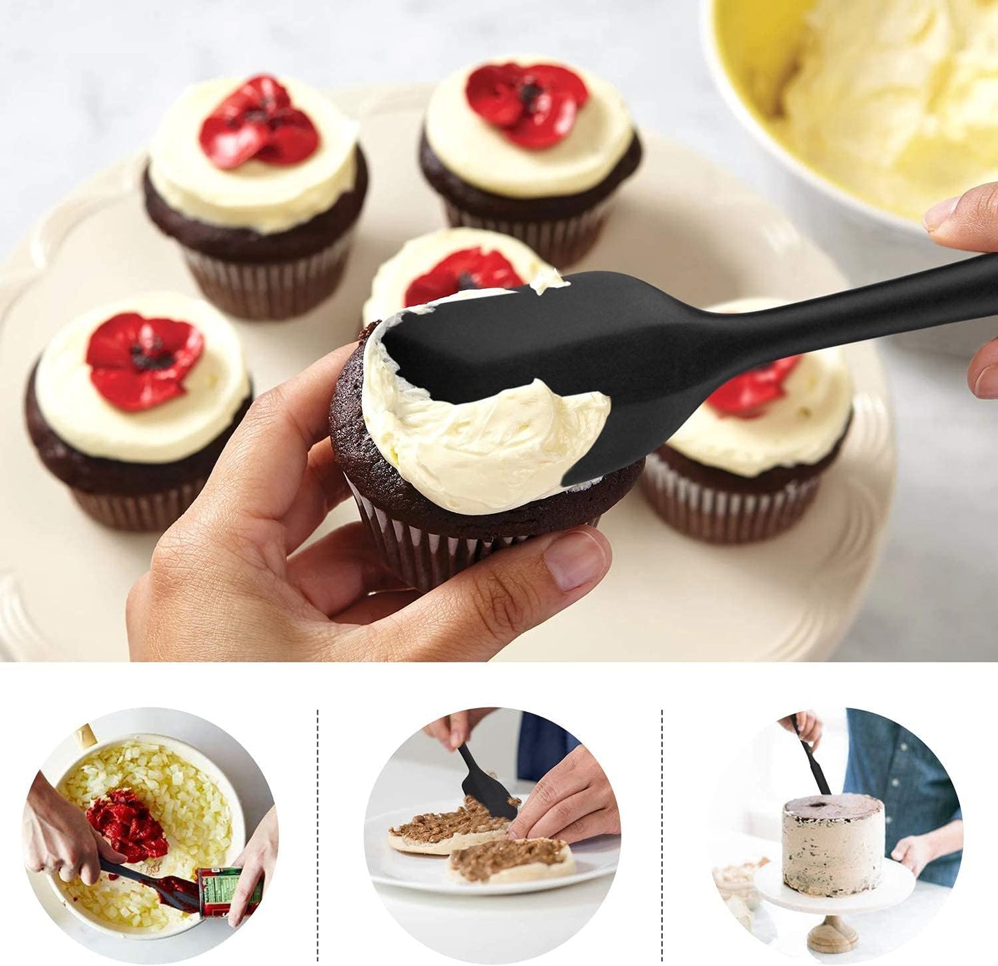 600℉ Heat Resistant Bpa-Free Silicone Rubber Spatula Set,Kitchen Cooking Spatulas, Baking, Mixing for Non Stick Cookware, Dishwasher Safe, Black Set of 5