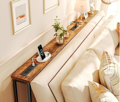 Narrow 5.9-Inch Console Table Set of 2 with Outlet, 78-Inch Length Entryway and Sofa Tables with Charging Station in Rustic Brown for Living Room