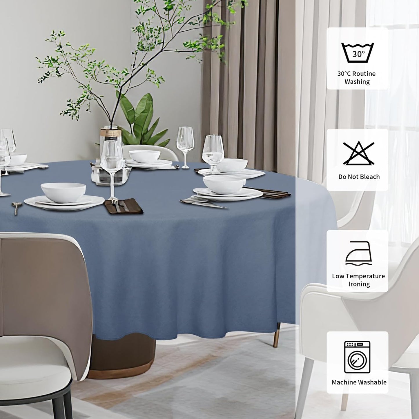 Faux Linen Waterproof Spill-Proof Tablecloth Stain Resistant round Table Cloth Wrinkle Free Decorative Fabric for Kitchen, Dining, Party, Weddings, Restaurants (60 In-Round, Denim Blue)
