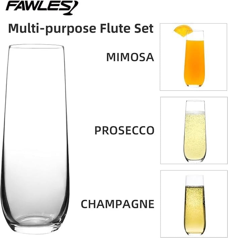 Set of 12 Stemless Crystal Champagne Flutes, 8 Oz Prosecco and Mimosa Glasses