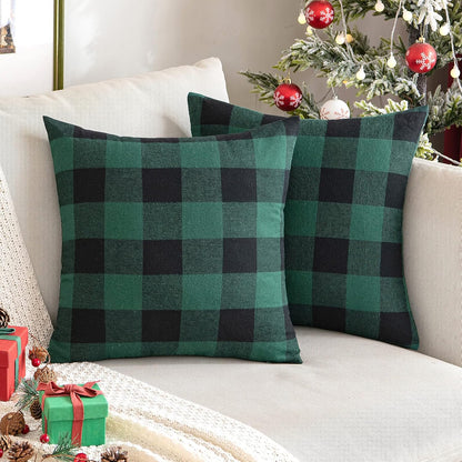 Pack of 2 Christmas Buffalo Check Plaids Porch Throw Pillow Covers Classic Retro Linen Farmhouse Cushion Case Soft Pillowcases for Home Decor Sofa Bedroom Couch 18 X 18 Inch Green and Black