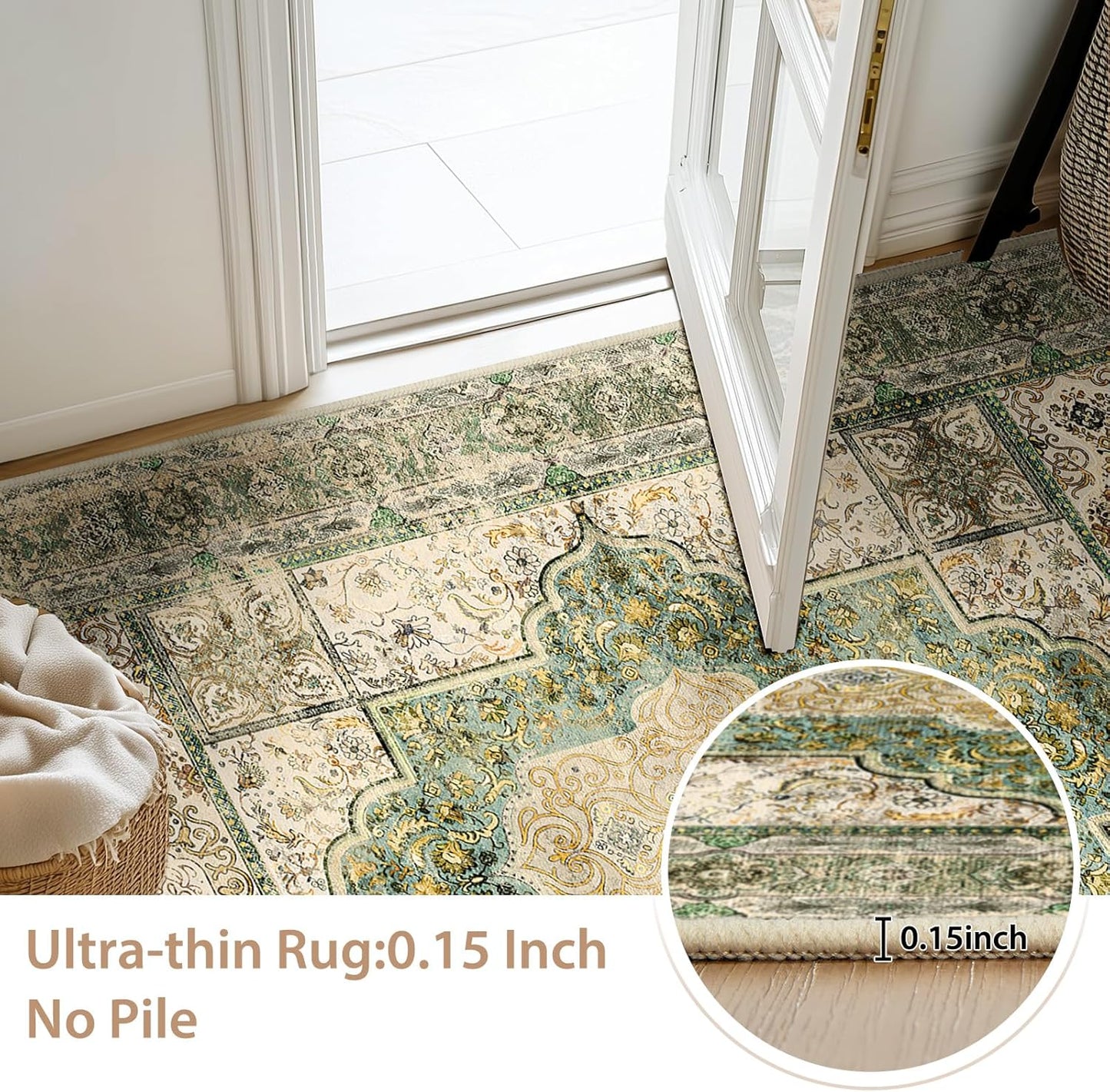 6X9 Area Rugs Machine Washable No Pile Non Slip Vintage Rugs for Living Room&Bedroom&Dinning Room Bohemian Distressed Carpet Indoor,Green/Teal/Multi