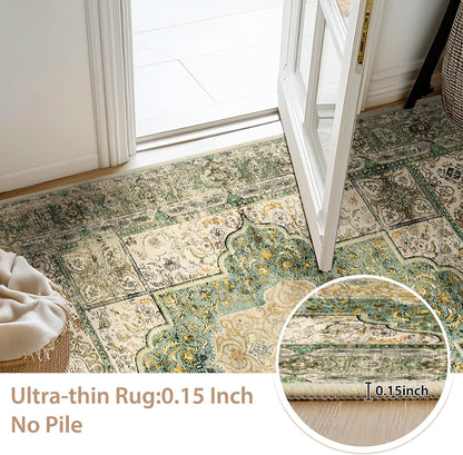 6X9 Area Rugs Machine Washable No Pile Non Slip Vintage Rugs for Living Room&Bedroom&Dinning Room Bohemian Distressed Carpet Indoor,Green/Teal/Multi